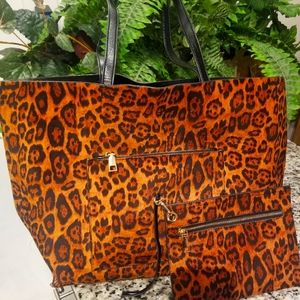 Vegan leather tote bag with matching clutch leopard, ocelot